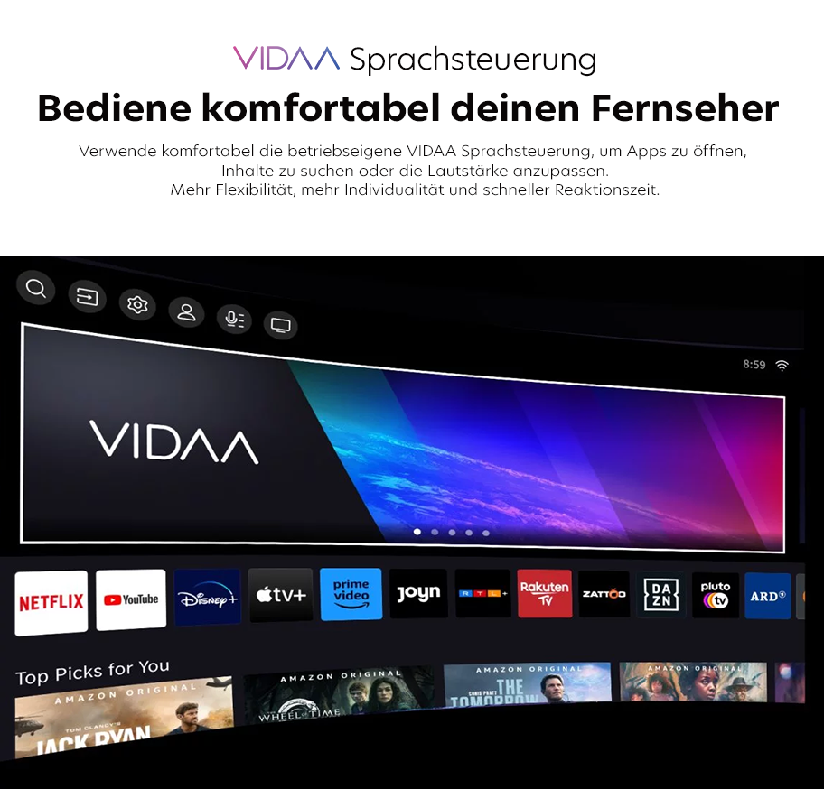 Feature-Banner,Über die personalisierbare Benutzeroberfläche VIDAA  lassen sich favorisierte Apps individuell anordnen und blitzschnell aufrufen'